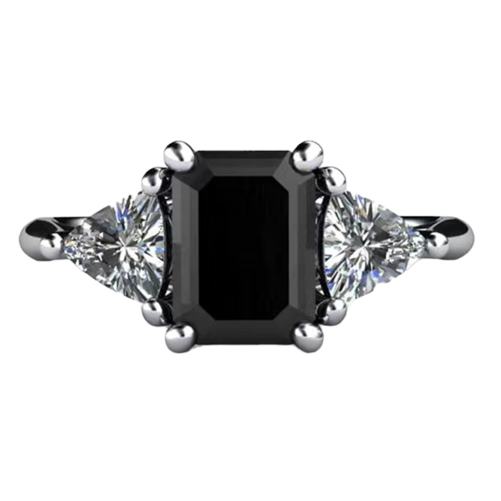 Black Square Stone with Heart Zircon Stones Silver Ring
